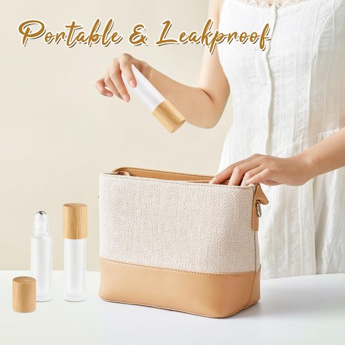 DynnnDy 20 Pcs 10ml White Frosted Glass Essential Oil Roller Bottles with Bamboo Lid Refillable Deodorant Containers with Stainless Steel Roller Balls Roll-on Bottles for Perfume Lip Gloss