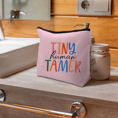 Supwhd Tiny Human Tamer Teacher Makeup Bag, Funny Cosmetic Pouch Zipper Pouch, Small Makeup Bag for Purse (Pink)