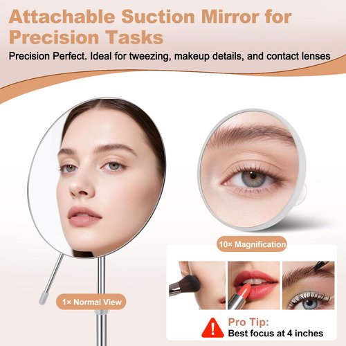 FFowcye 8" HD Vanity Mirror with Swivel & Adjustable Height (13-18"), Bonus 10X Magnifying Suction Cup Makeup Mirror for Precision Grooming & Shaving, Chrome Finish for Tabletop & Bedroom（No Light）
