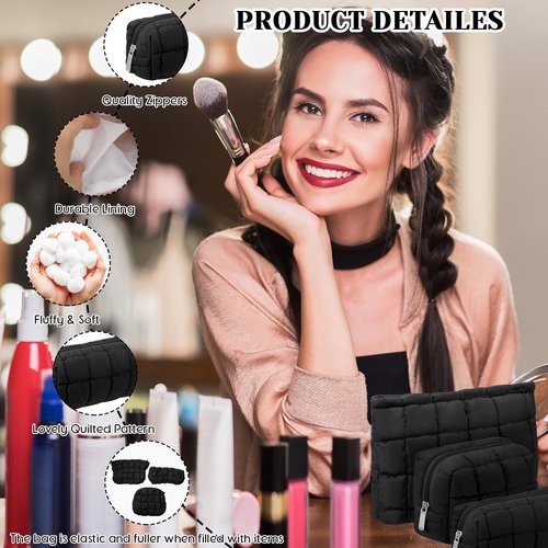 Huhumy 3 Pcs Puffy Makeup Bag Quilted Cosmetic Pouch for Women Cute Checkered Travel Toiletry Bag Puffer Makeup Organizer Purse Pouch Preppy Pencil Case with Zipper