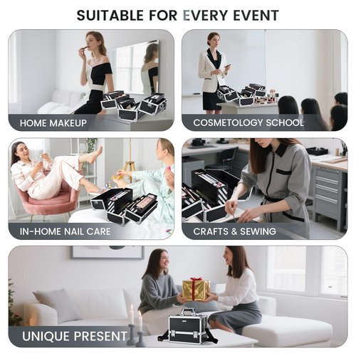 FRENESSA Makeup Train Case Makeup Case 12.6 Inch Large Cosmetic Box Organizer Travel Storage Professional Make Up Train Carrying Case with 6 Trays Locking Shoulder Strap Hard Vanity Storage Black