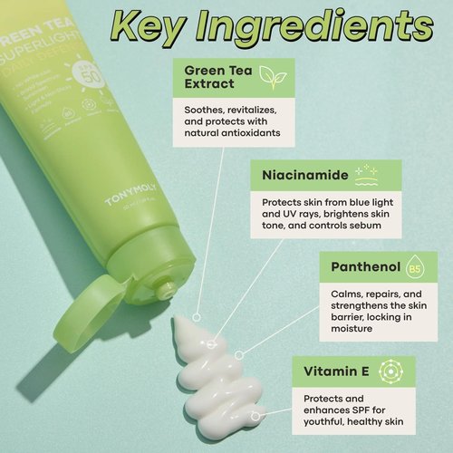 TONYMOLY Green Tea SPF 50 Sunscreen & Chok Chok Aloe Vera Soothing Gel - Korean Skincare Bundle (50ml & 8.5 oz)
