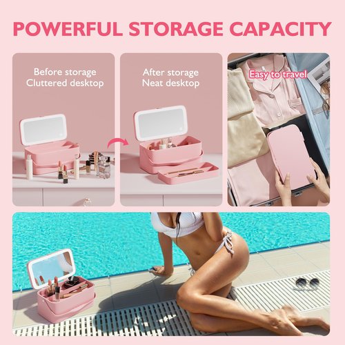 Bdjso Makeup Case with Mirror and Light - Portable Cosmetic Box Rechargeable with 3 Color Mode and DIY Partitions for Women Girls (Pink B)
