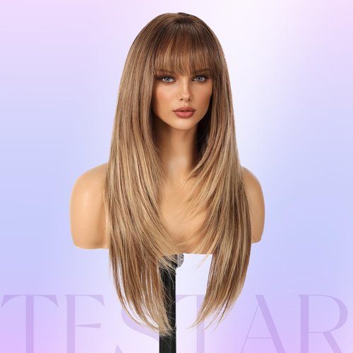 testar Long Brown Straight Wigs With Bangs Long Ombre Brown Blonde Synthetic Wigs for White Women Daily Use 26IN