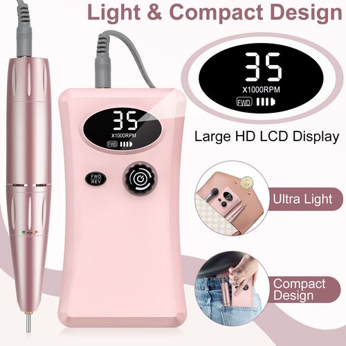 Electric Nail Drill, Urbuti 35000RPM Professional Nail Drill Machine, Portable Rechargeable File Machine Set for Acrylic Gel Nails, Manicure Pedicure Tools for Home and Salon Use(Pink)