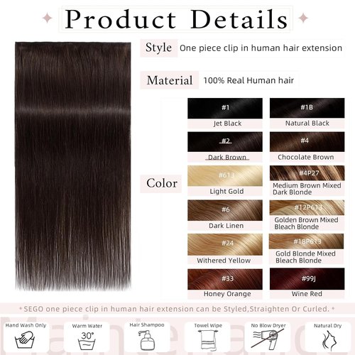 SEGO One Piece Clip in Extensions, 5 Clips Real Human Hair Extensions, Long Straight, 20 inches, #02 Dark Brown