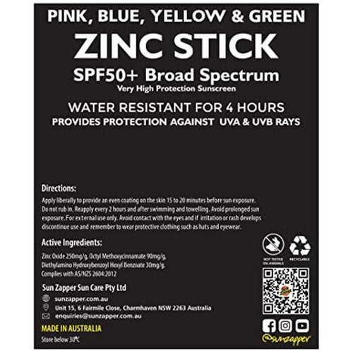 Sun Zapper Zinc Oxide Sunscreen Stick – SPF 50+ Tinted 4-Pack (Pink, Blue, Green, Yellow) – Sunscreen Stick, Zinc Sunscreen, Water Resistant, Broad Spectrum UVA/UVB, Made in Australia