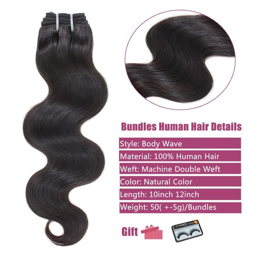 Body Wave Human Hair Bundles - 4 Bundles 10 12 Inch 12A 100% Unprocessed Brazilian Virgin Hair Weave - Natural Black Color (10/10/12/12 Inch)