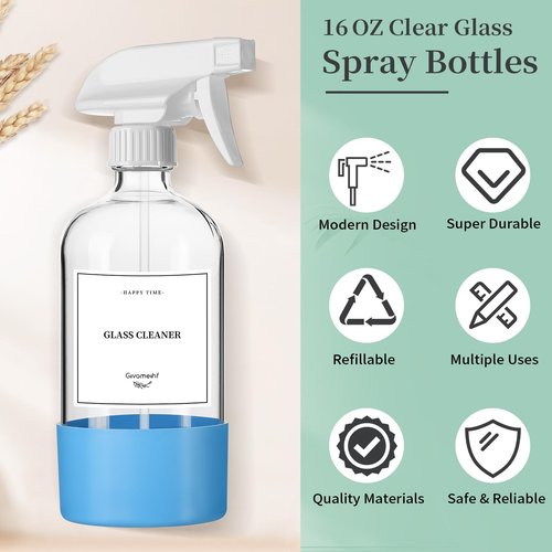 GIVAMEIHF 4 Pack Glass Spray Bottles with Silicone Sleeve,16oz Clear Glass Spray Bottles Refillable Empty Bottle with Adjustable Nozzle,Spray Bottle for Cleaning Solutions,Essential Oils,Pets,Hair