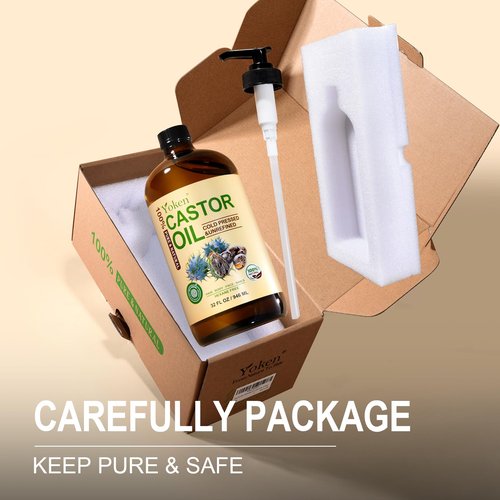 Yoken EWG Verified Castor Oil Glass Bottle 32 fl oz (with Pump) 100% Pure Castor Oil for Skin Face Hair, Cold Press, Hexane Free, Unrefined Caster oil for Pack Wrap Deep Nourish Body