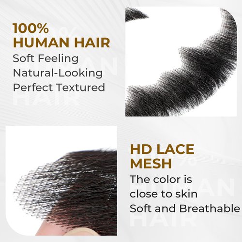 Wodelanle Fake Mustache Realistic Beard 100% Human Hair Full Hand Tied Facial Hair Black Goatee Fake Beards Lace Invisible Fake Mustache for Entertainment Party Drama Movie Makeup