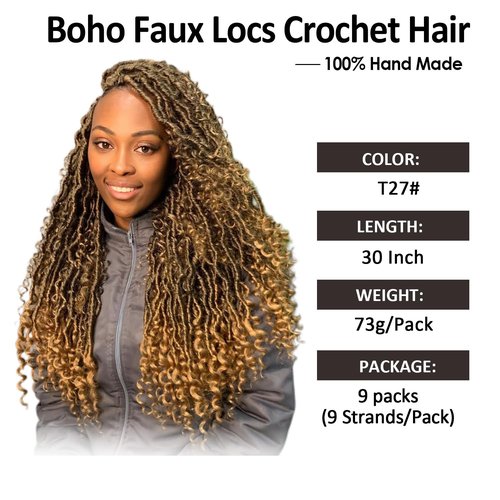 9 packs Boho Faux Locs Crochet Hair, 30 Inch, Ombre Honey Blonde Pre Looped Goddess Soft Locs Crochet Hair with Curly Ends, Bohemian River Locs for Black Women(T1B/27#, 30 Inch)
