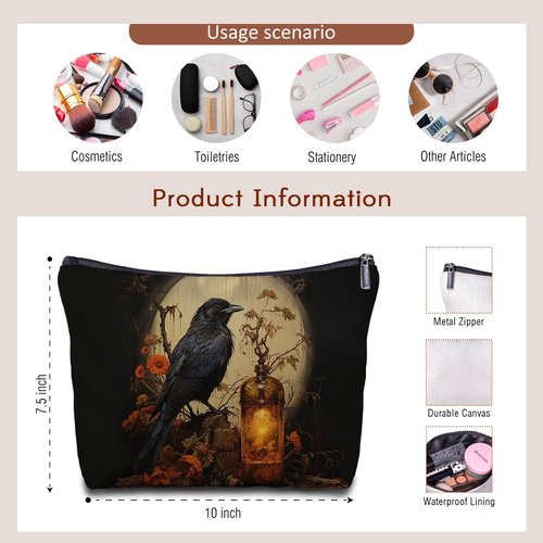 Zomhix Black Crow Raven Goth Canvas Makeup Bag for Women - Dark Art Gothic Gifts, Vintage Black Raven Cosmetic Bag for Purse Travel Bag, Crow Lovers Gifts