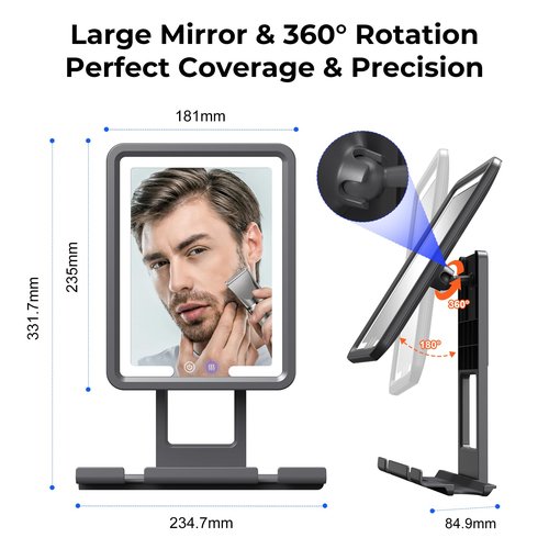 Rocollos Heated Fogless Shower Mirror, 360 Rotation, 3 Color Lighted, Rechargeable, Anti-Fog, Black, 13"L x 9"W