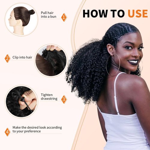 Afro Kinky Curly Ponytail Human Hair 150% Density Brazilian Virgin Hair 4C Afro Puff Drawstring Ponytail Extension for Black Women Dark Brown Color （12 Inch 4#）