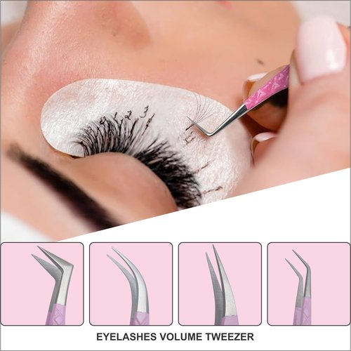 Jimy 4 Piece Set Lash Tweezers for Eyelash Extensions, Anti-Slip Diamond Grip for Professionals, Straight and Curved Precision Fiber Tips Stainless Steel, Multipurpose Eyelash Tweezers