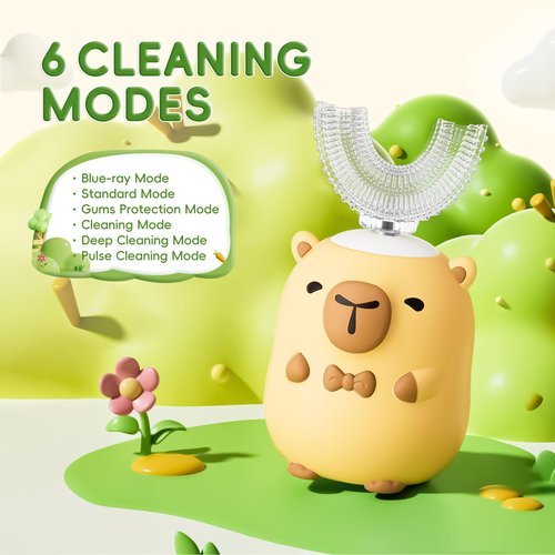 ELOTAME Kids Electric Toothbrush U Shaped - Cartoon Capybara with 6 Brush Heads Full Mouth Degree Cleaning Sonic Toddler Automatic Toothbrush with IPX7 Waterproof (Capybara 2-14 Years)