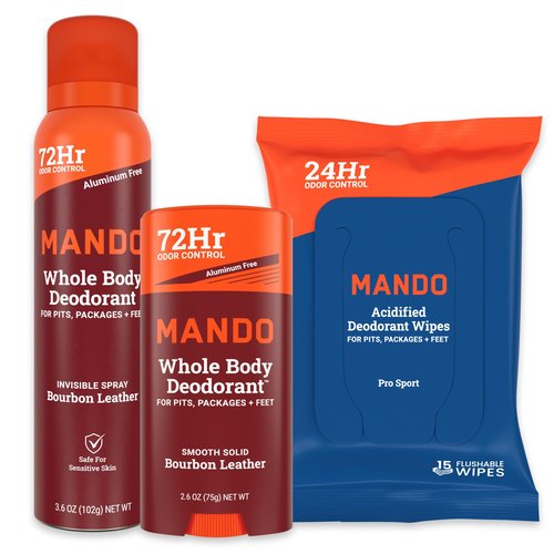 Mando Whole Body Three Piece System - 2.6oz Smooth Solid Stick, 3.6oz Deodorant Spray, 15ct Deodorant Wipes - Aluminum & Baking Soda Free Odor Control - Doctor Developed - 3pc Bundle (Bourbon Leather)