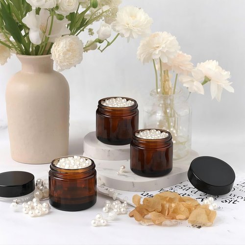 PetalPursuit 2oz Amber Glass Jars with Lids, Cosmetic Jars with Lids, 48 pack