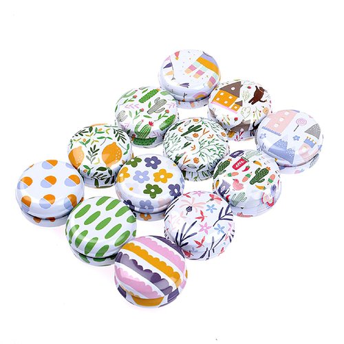 Rarapop 12 Pack Reusable Mini Round Tinplate Candle Tin Jars with Lids, 20ml Small Cartoon Travel Tin Cans Refillable Empty Container Bottle for Lip Balm, Salve, Eye Shadow, Powder