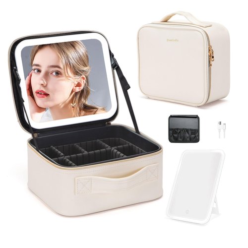 Gdsshuhung Makeup Bag with Mirror | Partitionable Professional Makeup Organizer | Large Travel Makeup Bag for Women | Cosmetic Case for Daily & On-the-Go Use (Ivory)