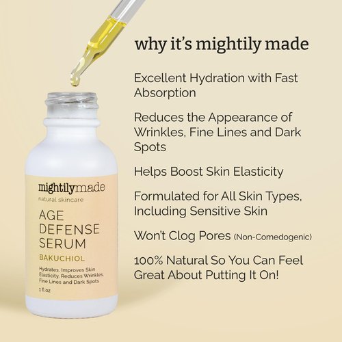 Mightily Made Age Defense Face Serum with Bakuchiol (Retinol Alternative), 100% Natural Oils, Anti-Aging, Reduce Wrinkles, Fine Lines, Dark Spots, and Tighten Skin,1 fl oz