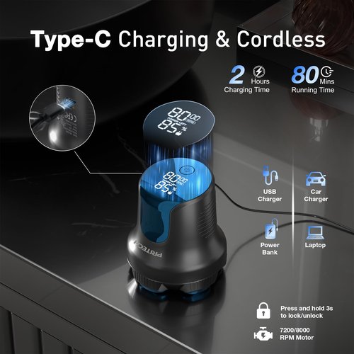 PRITECH Head Shaver for Bald Men - Effortless 6D Floating Shave,Electric Head Shavers for Men & Bald Head Shavers,Waterproof Cordless Razor for Smooth Scalp,Face & Perfect Beard,2-Speed,80Min Runtime