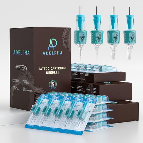 50Pcs Tattoo Cartridge Needles Assorted Mixed Size #10 Round Liner Shader Magnum 5RL 7RL 9RL 5RS 7RS 9RS 15M1 21M1 15RM 21RM with Membrane Needles for Tattoo Gun Machine