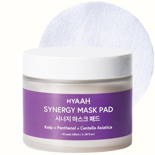 HYAAH Synergy Mask Pad - Korean Face Toner Pads with Kelp Seaweed Extract, Cica, Panthenol and Ectoin - Calming, Hydrating, Pore Refining - Soft Cotton Pad for Sensitive Skin, 60 Pads