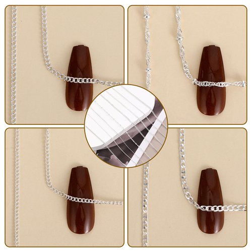 8 Strips Metal Chain Nail Art Charms - Silver Jewelry Chains 3D Decorations Supplies - Punk Studs Accessories for DIY Making Manicure Jewelry (Silver)