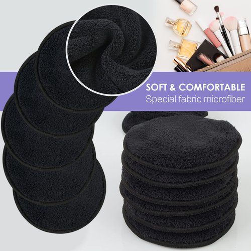 SUNLAND Reusable Makeup Remover Pads for Face,Eye,Lips 32 Pack Microfiber Face Cleansing Gloves Washable with Laundry Bag and Travel Bag Rounds Toner Pads（Round 3.15inchx32,Black）