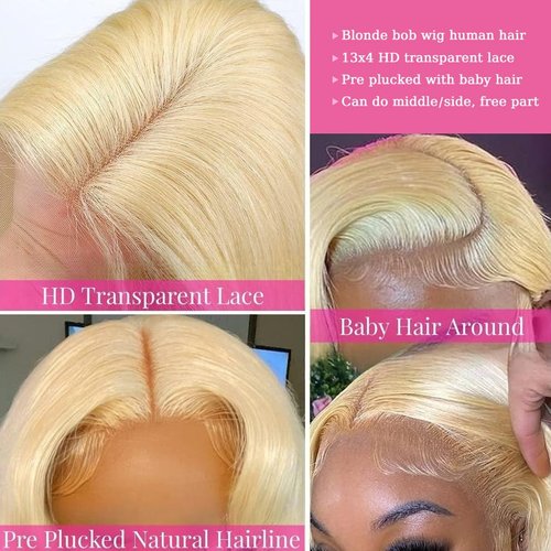 PXCPXC 613 Lace Front Wigs Human Hair Blonde Bob Wig Human Hair 13X4 HD Lace Closure Short Bob Wigs 180% Density 10 Inch Straight Lace Front Wig Human Hair Blonde Short Bob Wigs for Women