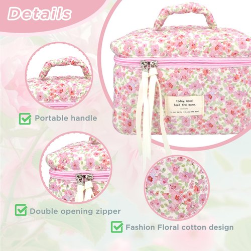 Sminra Makeup Bag Large Travel Quilted Cosmetic Makeup Bag Organizer, Floral Cotton Coquette Aesthetic Toiletry Bag for Women Girls (Pink Floral-L)