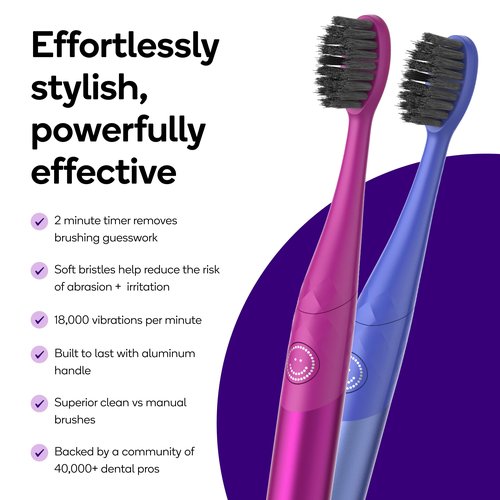 Burst Nova Toothbrush (2 Pack/Pink & Blue) | Sonic Powered Teeth Whitening | Super-Soft Bristles | 18000 VPM | 2 Minute Timer | Aluminum Handle | Replaceable Brush Head | Compact Size | AAA Battery