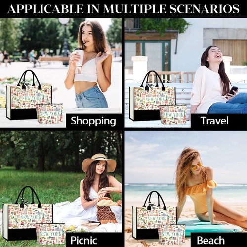 CHQIUCR Mother's Day Gifts for Women - New York Souvenirs Canvas Weekender Bag, Reusable Beach & & Makeup Bag Set, Gift for Mom, Sister, Friends, Brides (NY Themed)