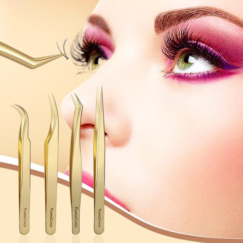 FungChoi 4-Piece High Precision Eyelash Extension Tweezers Set, Straight and Curved Lash Tweezers for Extensions, Volume Lash Tweezers for Crafting, with Iron Box Packaging