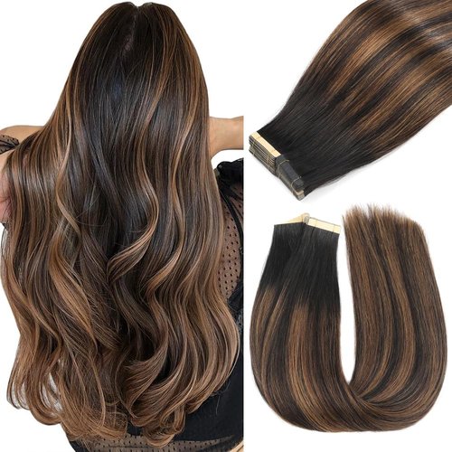 YDDM Tape in Hair Extensions Human Hair 18 Inch 20pcs Balayage Natural Black to Chestnut Brown 100% Remy Human Hair for Women Seamless Invisible Tape in Hair Extensions(1B/1B/6#, 18 Inch)