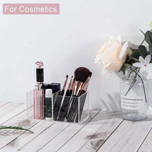 WERADNISH Acrylic Makeup Organizer and Storage, Makeup Brush Holder Organizer 2 Cube Sections, Clear Makeup Cosmetic Lipstick Bin Organizer for Drawer, 5.1'' × 2.6'' × 2.4''