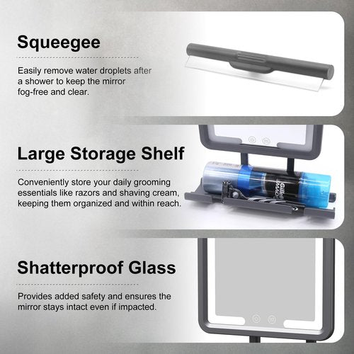 Rocollos Heated Fogless Shower Mirror, 360 Rotation, 3 Color Lighted, Rechargeable, Anti-Fog, Black, 13"L x 9"W