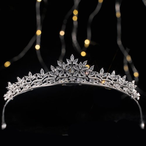 Sparkling CZ Tiaras for Women Floral Bride Crown Platinum Plated Wedding Quinceanera Prom Homecoming Crowns Flower Wave Design Bridal Jewelry Gift