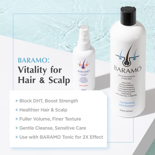 BARAMO Hair Boosting Mild Shampoo for Anti Hair Thinning & Hair Loss 16 fl oz, Active Ingredients DHT Blocker Shampoo for Women & Men, Scalp Care & Hair Regrowth Shampoo - Sulfate & Pareben Free