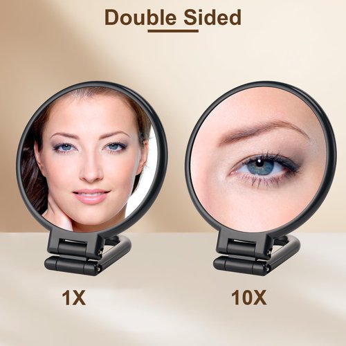 BOOMIBOO 1X/10X Magnifying Handheld Mirror Double Sided, Foldable Travel Makeup Mirror, Adjustable Rotation Pedestal Hand/Hanging/Desk Vanity Mirror-Black