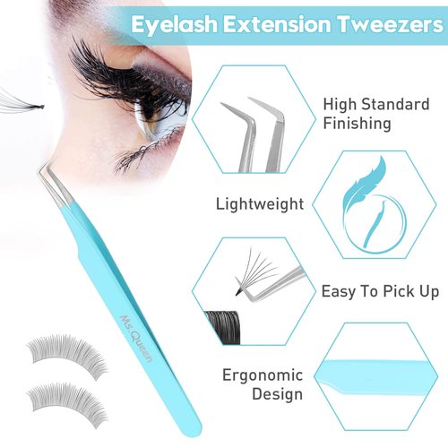 Ms.Queen Lash Tweezers for Eyelash Extensions, Precision Fiber Tip 90 Degree Tweezers for Mega Volume Lashes Extensions, Blue