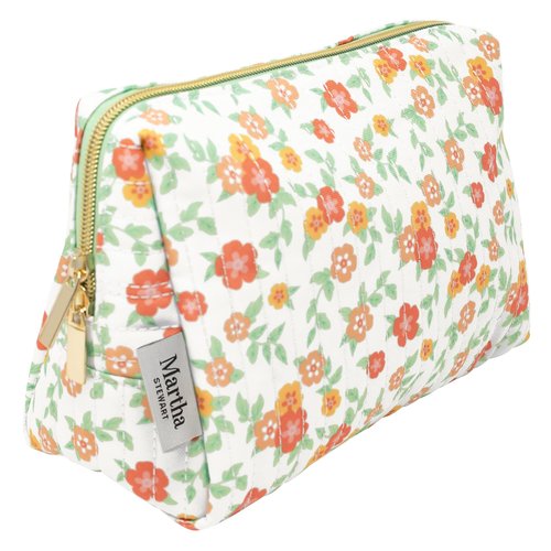 Martha Stewart Quilted Makeup Bag, Compact Cosmetic Organizer for Women, Small Zipper Pouch with PVC Lining, 8.75" x 4" x 6" (Floral Cloud Dancer)