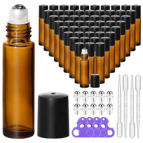 KEYWING 54 Pack Empty Essential Oil Roller Bottles – 10ml Amber Glass Roll-On Bottles with Stainless Steel Roller Balls & Caps, Refillable Perfume Containers for DIY & Travel
