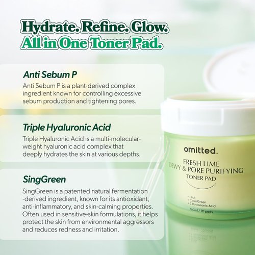 Omitted Fresh Lime Dewy & Pore Purifying Toner Pad - Pore Minimizer & Dead Skin Cells Exfoliator with LHA, Deep Hydration with Triple Hyaluronic Acid, Korean Skin Care, 70 pads, 5.41 fl. oz. (160ml)