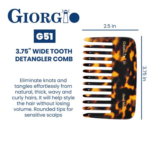 Giorgio G51 TY Small Travel Purse Hair Detangling Comb, Wide Tooth Pocket Comb for Thick Curly Wavy Hair. Great for Wet and Dry Everyday Care, Handmade of Cellulose, Saw-Cut Hand Polished