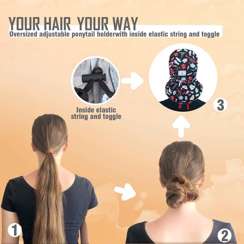 Purefitinsoles Scrub Caps for Women Surgical Nurse Hat with Button Bouffant Ponytail Holder Hair Nets Single or Satin-Lined