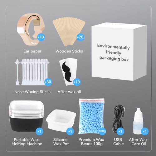 FOCTXI Nose Wax Kit - Portable Ear Nose Hair Waxing Kit for Men and Women with 100g Ｗax, 20 Applicators, 30 Nose Hair Sticks, 10 Mustache & 10 Ear Protectors, Wax Warmer Kit for Hair Removal