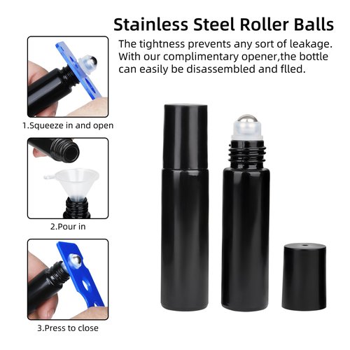 HLYHTGZ 10ml Glass Essential Oil Roller Bottle, 24PCS Black Essential Oil Roller Bottles with Stainless Steel Rollers - Refillable, Leak-Proof Design, Suitable for Travel and DIY Skincare Products.
